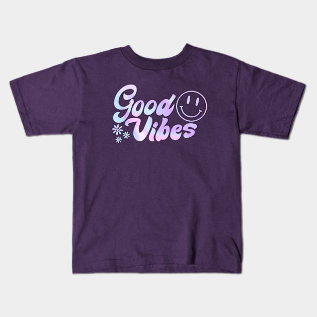 Groovy Good Vibes: 70s Holographic Text & Smiley Face Art Kids T-Shirt by ShutterStudios